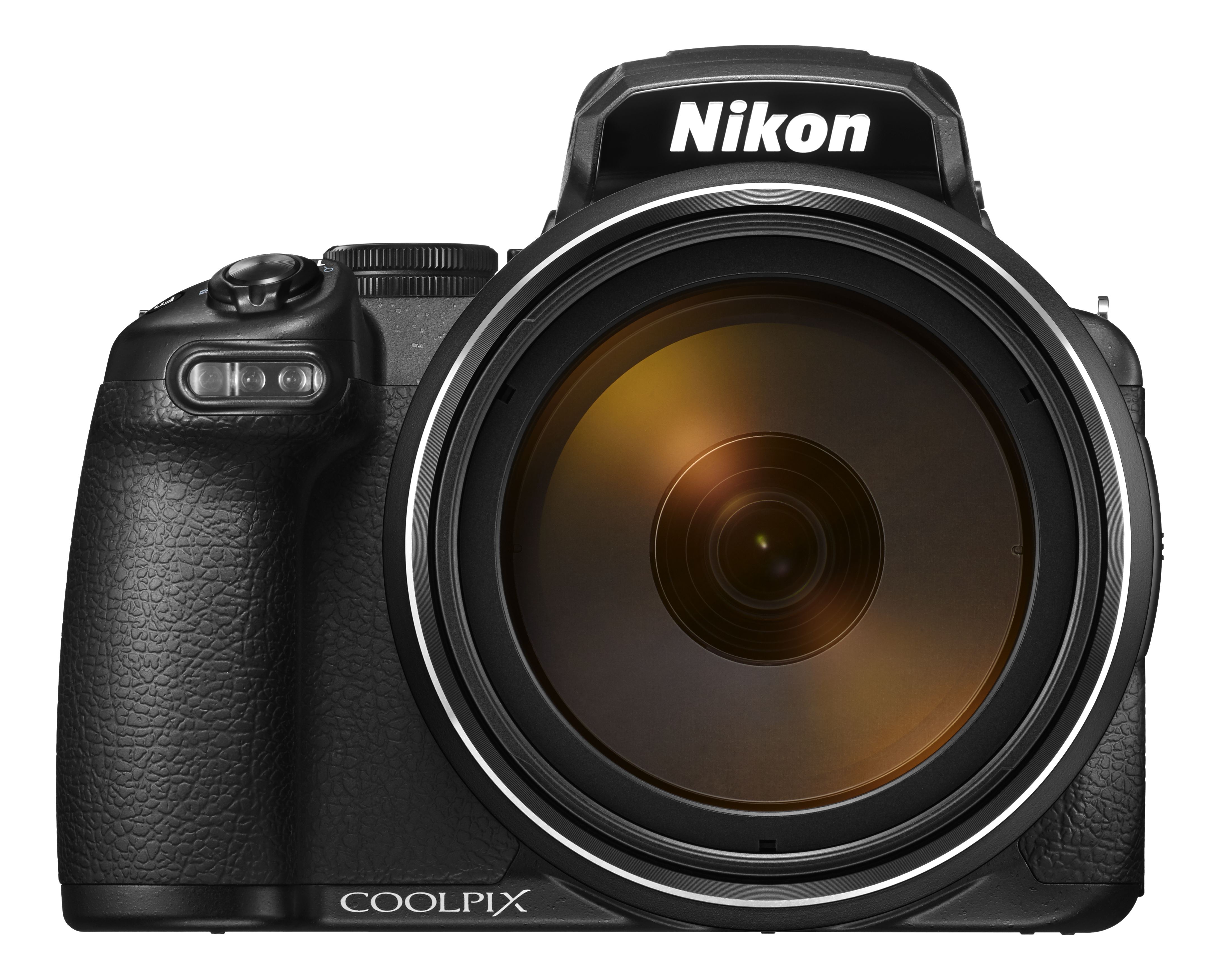 Schwarze Nikon Coolpix Kamera mit großem Objektiv, isoliert auf Schwarz.