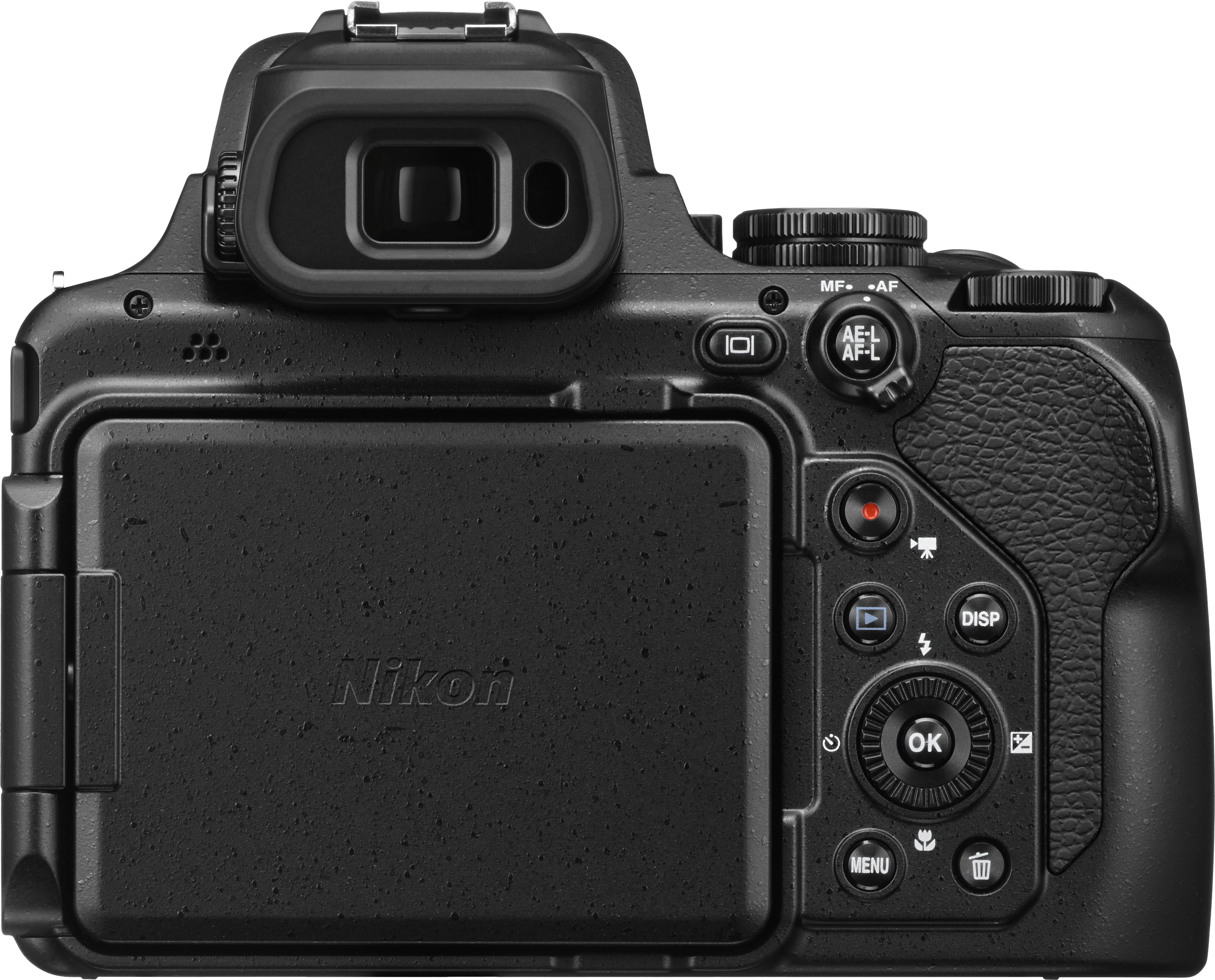 Schwarze Nikon Kamera Rückansicht, mit Knöpfen, Bildschirm und Rädern.