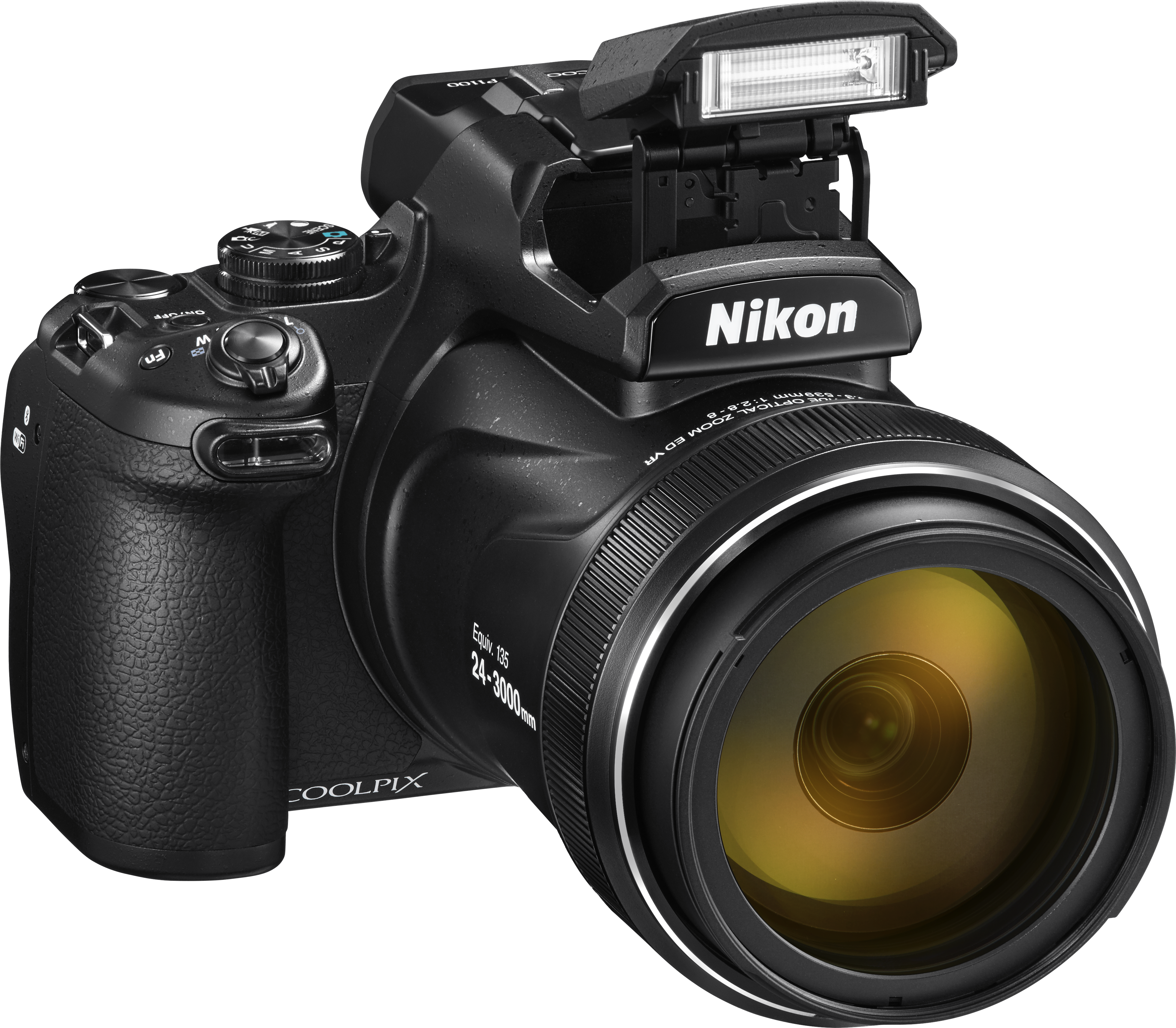 Eine schwarze Nikon COOLPIX Kamera mit Blitz und großem gelben Objektiv, seitlich.
