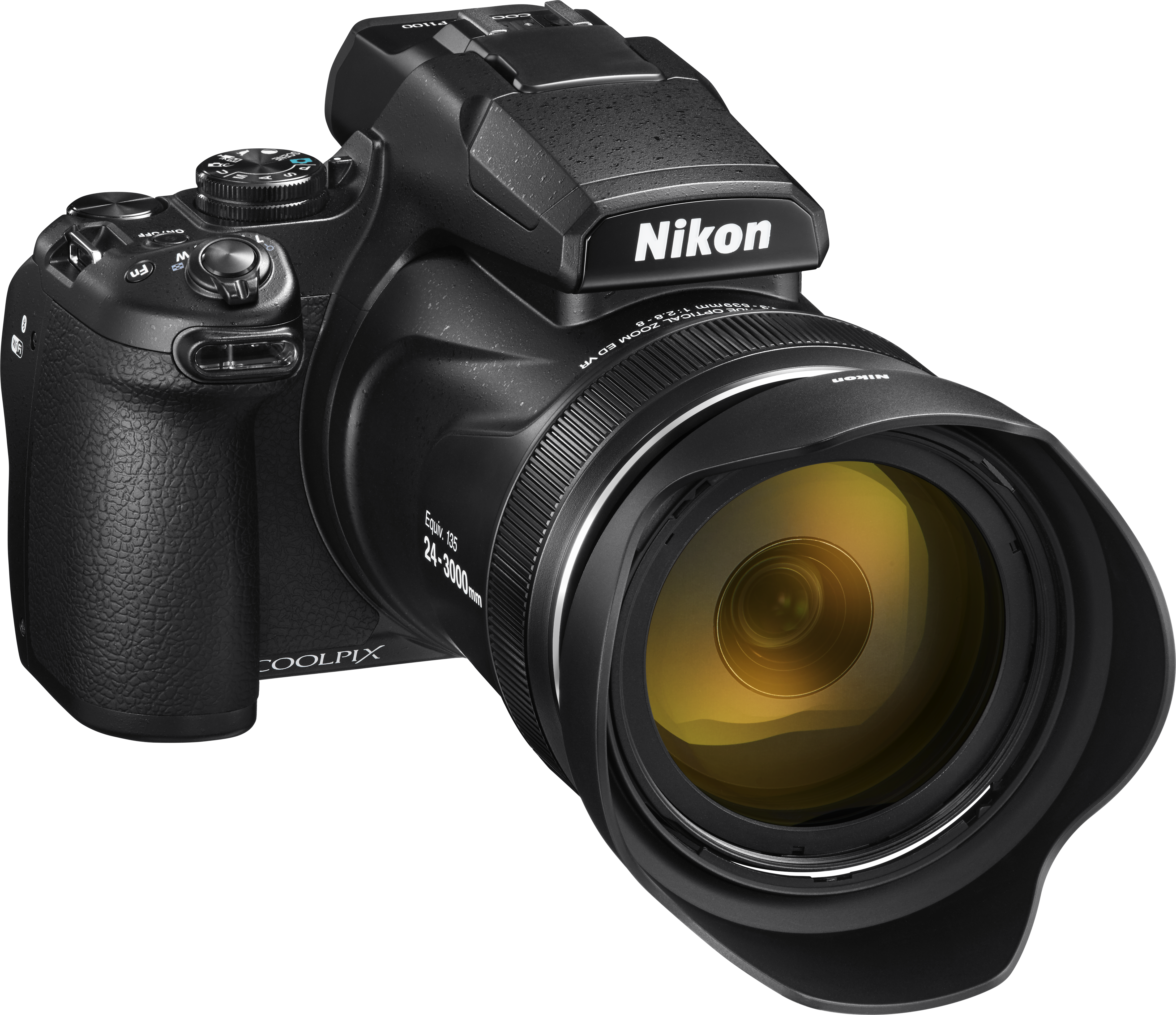 Eine schwarze Nikon Coolpix Kamera mit großem Objektiv, auf schwarzem Hintergrund.