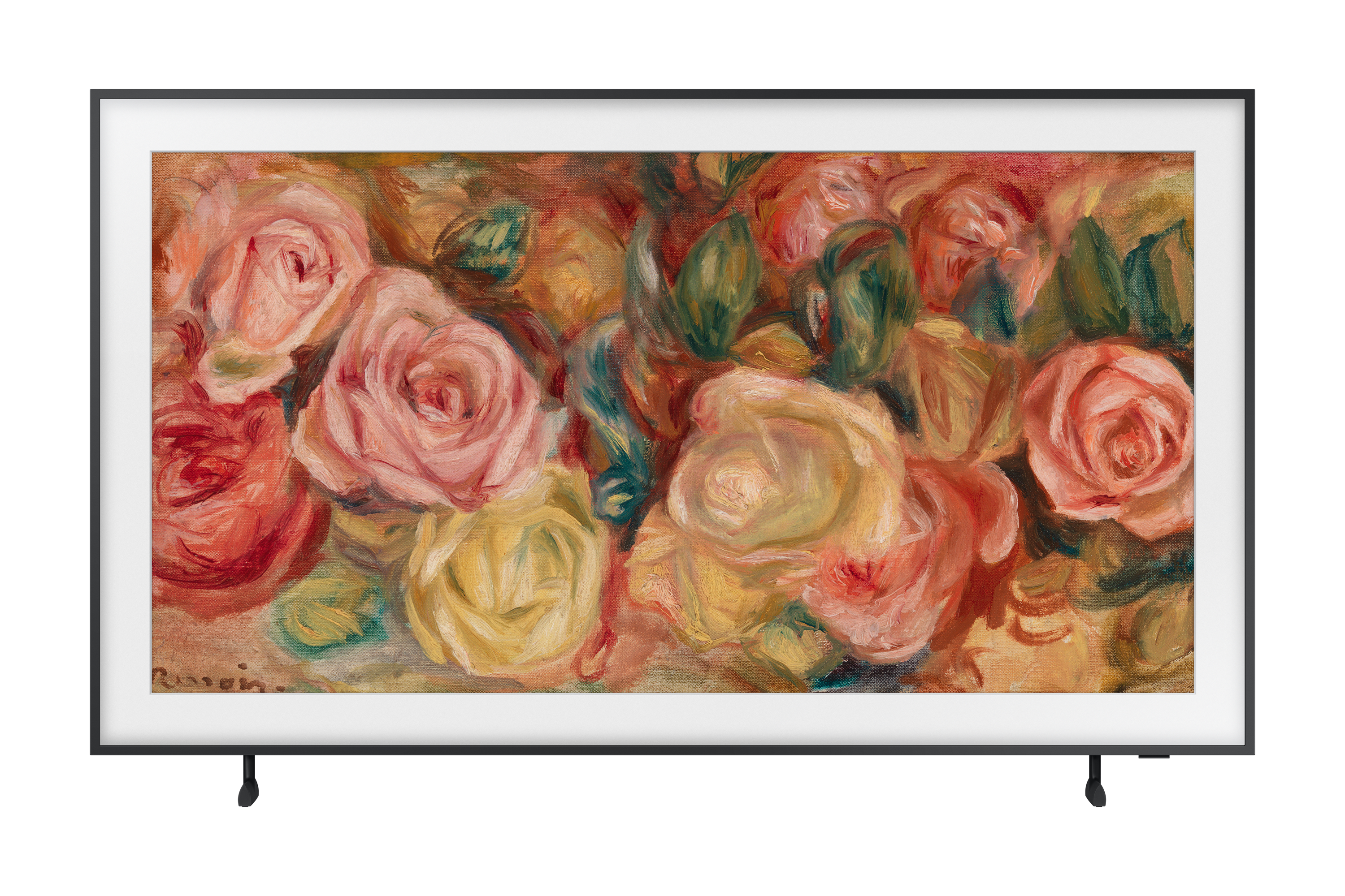 Telewizor z malowaniem kwiatowym, oprawiony w czarny, na czarnym tle.