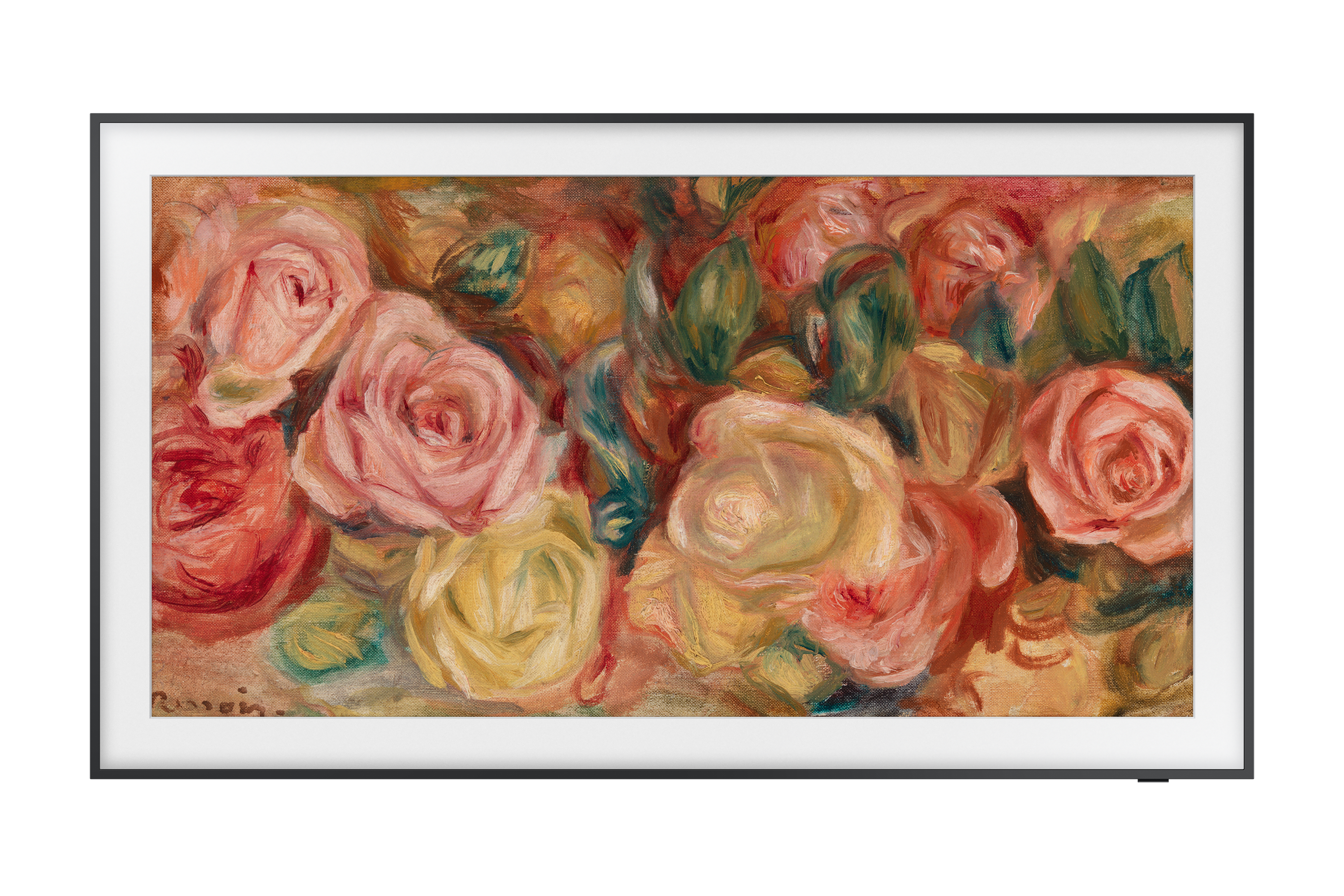 Telewizor z obrazem róż, czarna ramka, na czarnym tle.