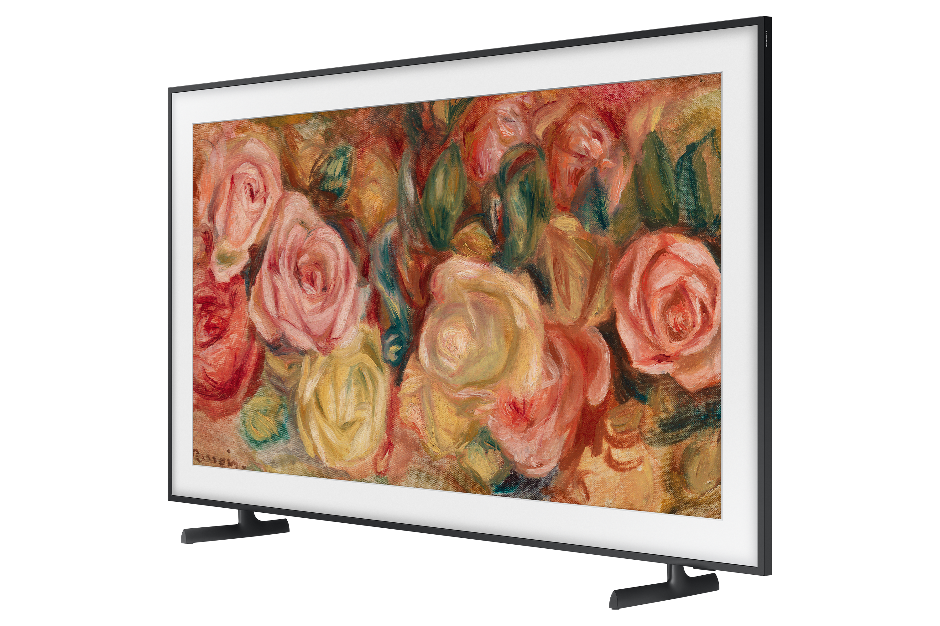 Telewizor Samsung The Frame, czarna ramka, wystawa sztuki z różami, czarny stojak.