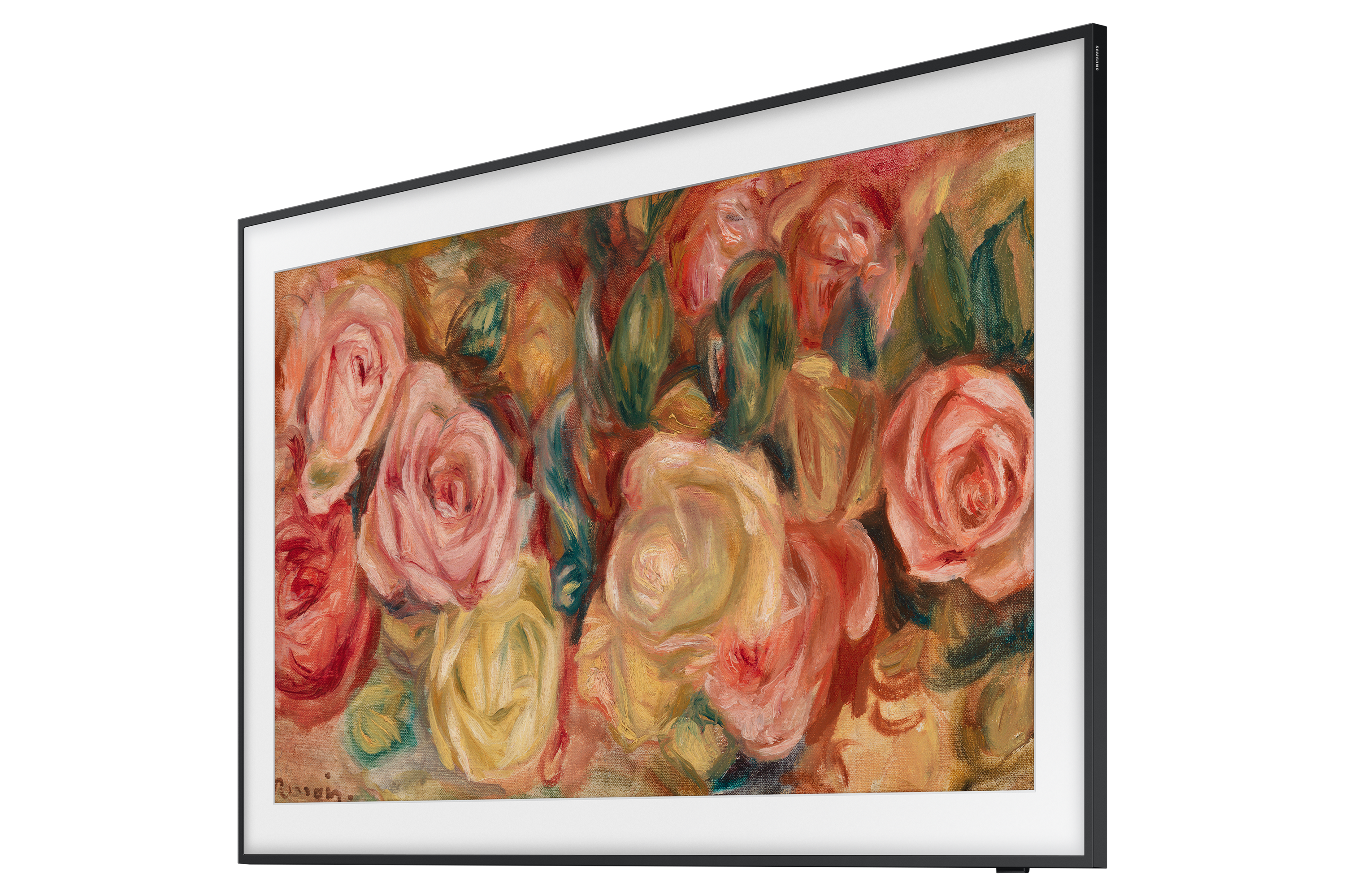 Oprawiony telewizor wyświetlający obraz kwiatowy. Rama jest czarna, a obraz przedstawia róże.