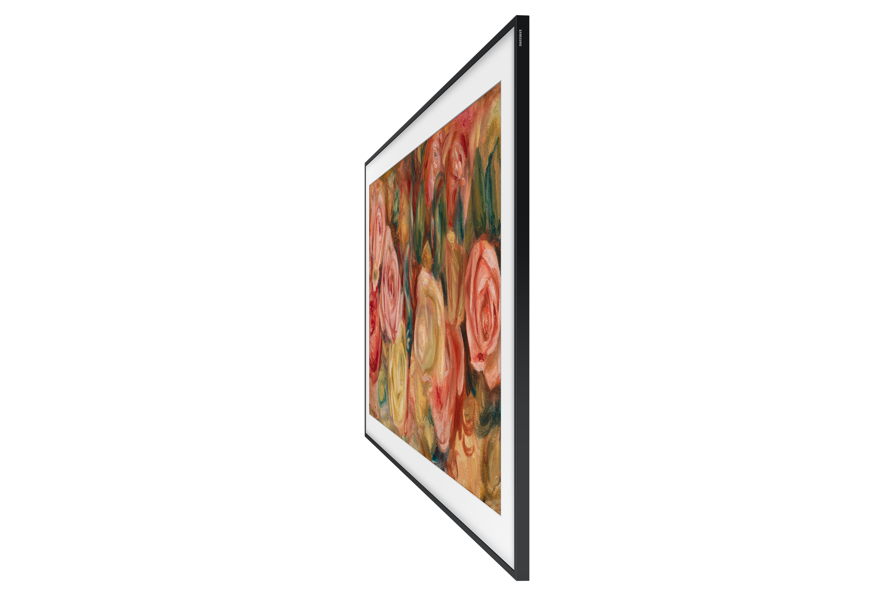 Widok z boku oprawionego obrazu Renoir z różami na czarnym tle.