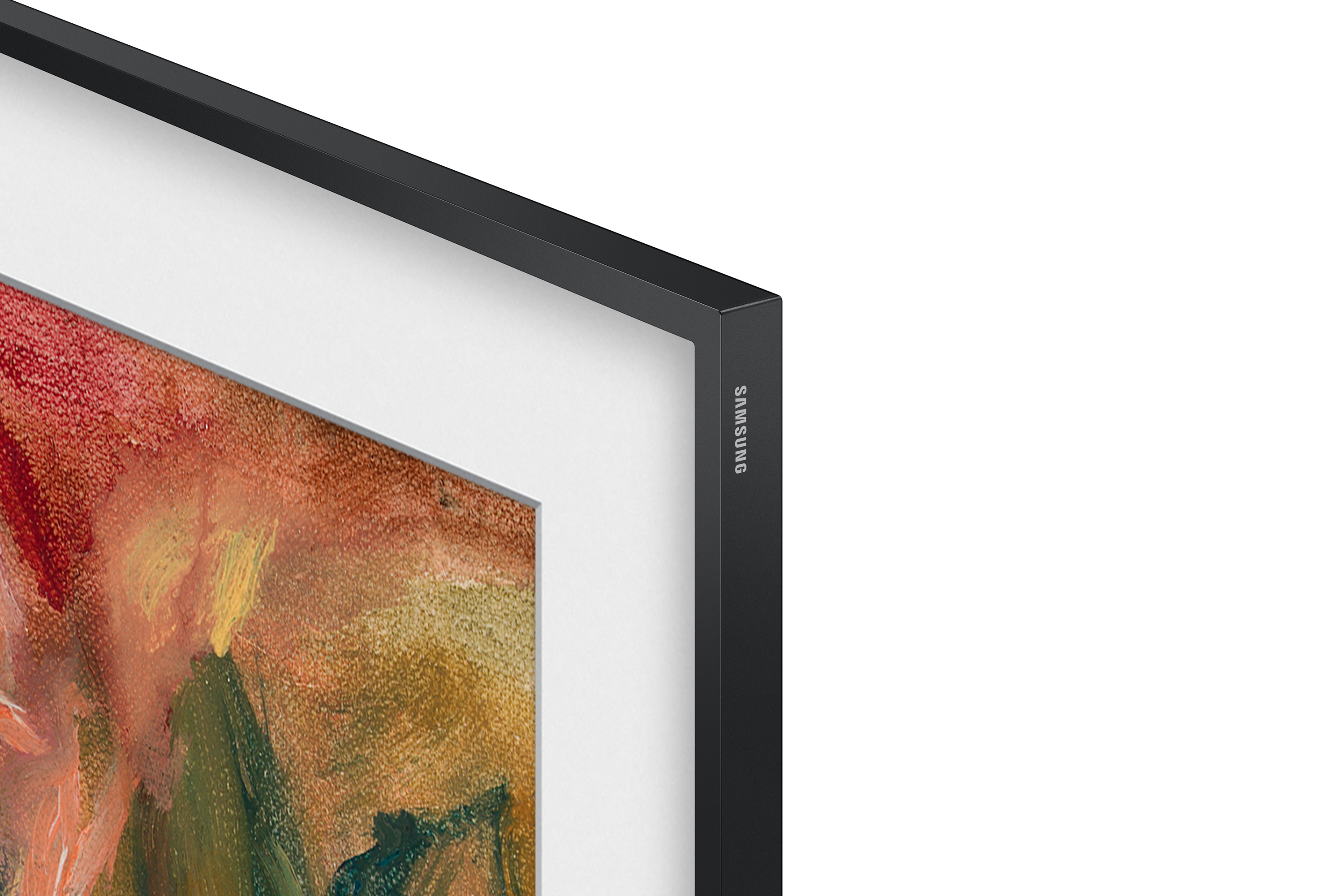 Czarna ramka telewizora z obrazem, biała obwódka, czarne tło.