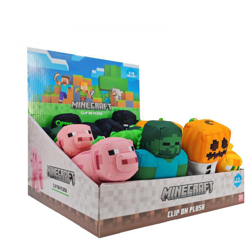 Minecraft-Charakter-Plüschtiere befinden sich in einer Displaybox. Die Box hat das Minecraft-Logo und Charaktere.