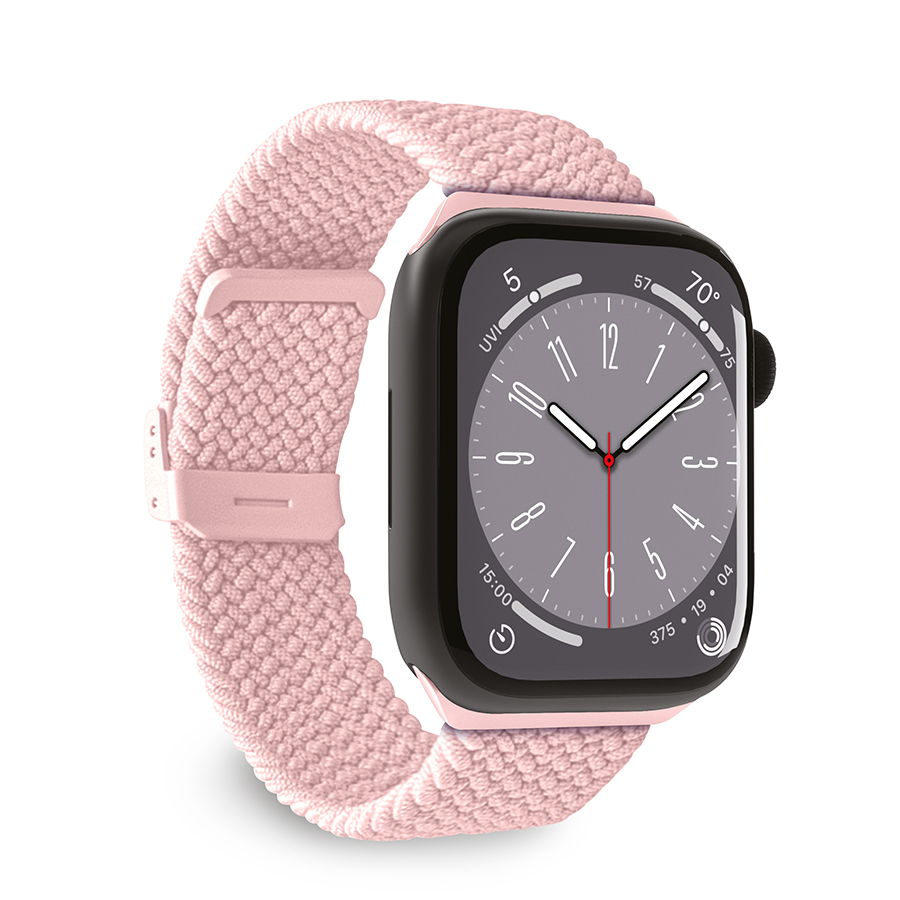 Pembe örgülü kayışlı Apple Watch. Saat kadranı zamanı ve diğer bilgileri gösteriyor.
