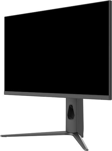 Oldalnézet egy szürke monitorról fekete képernyővel és állvánnyal.