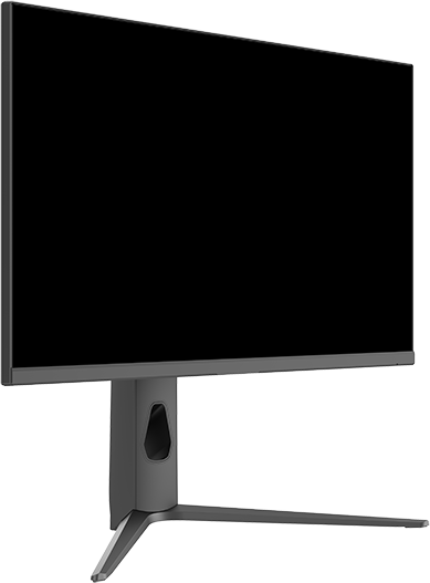 Egy számítógép monitor fekete képernyővel és szürke állvánnyal, ferdén, fehér felületen.