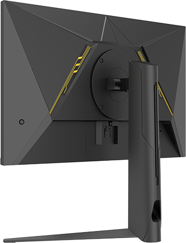 Egy fekete számítógép monitor hátulja. Sárga design elemek és egy állvány.