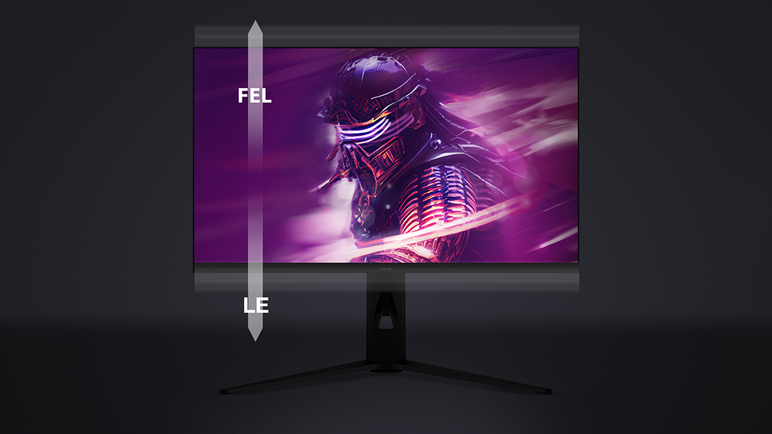Egy gamer monitor egy sisakos karaktert jelenít meg lila háttérrel.