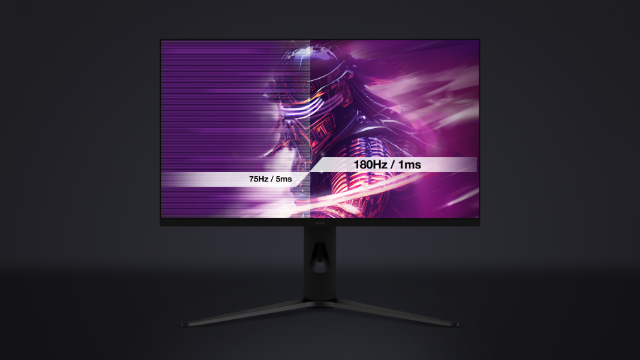 Monitor képernyő két oldallal, különböző frissítési frekvenciával és válaszidővel. 75Hz/5ms vs 180Hz/1ms.