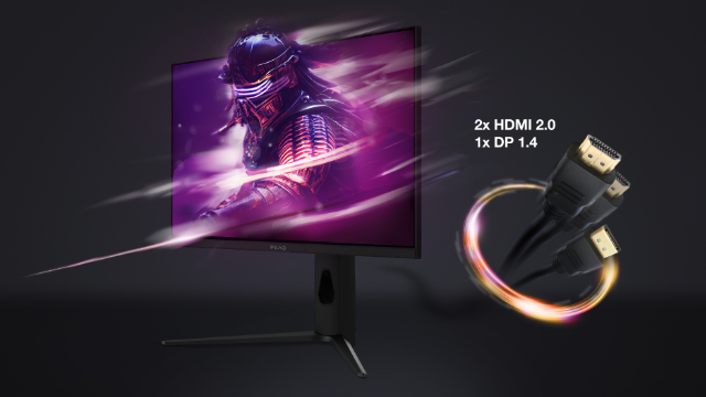 Egy monitor egy videojáték jelenetét mutatja. HDMI kábelek láthatók a jobb sarokban.