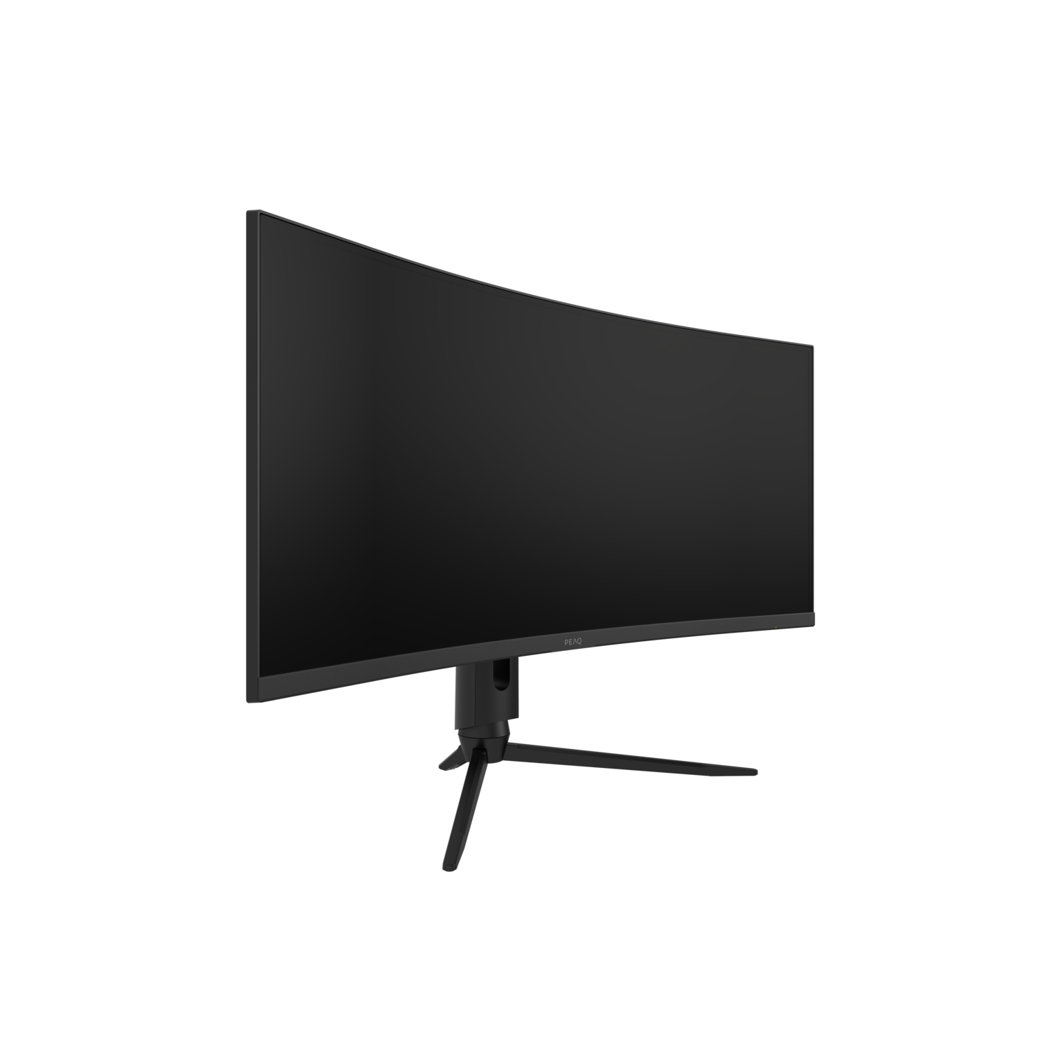 A curved black computer monitor with a stand. It is a side view, with a black background.