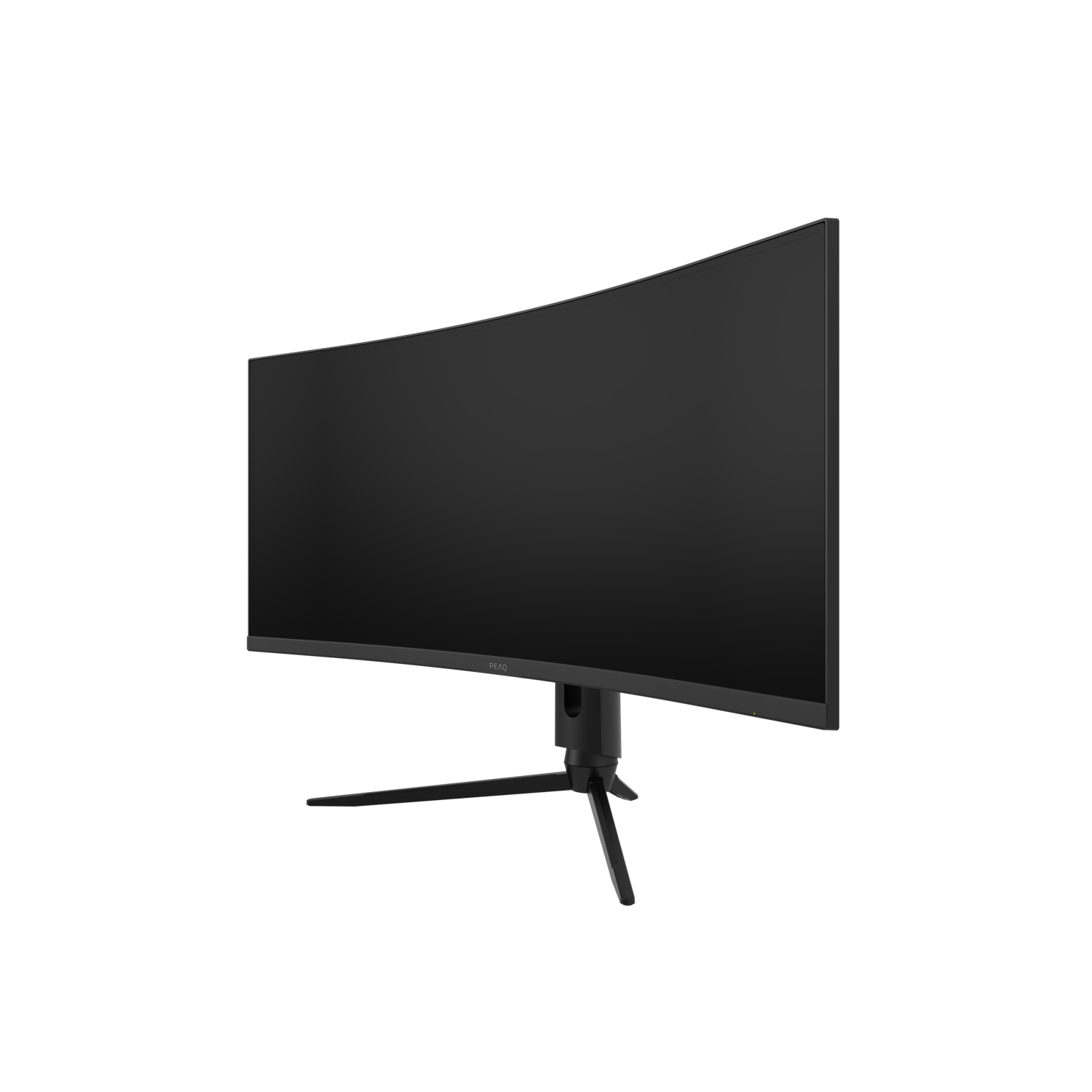 Curved monitor with black screen, dark grey stand, and black bezel against black background.
