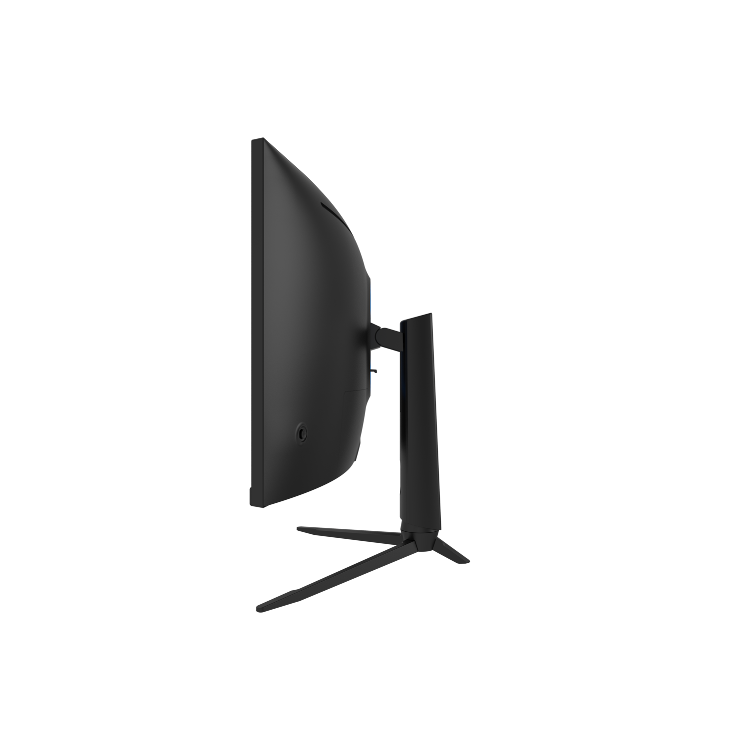 Side view of a curved black monitor with a black stand, against a black background.