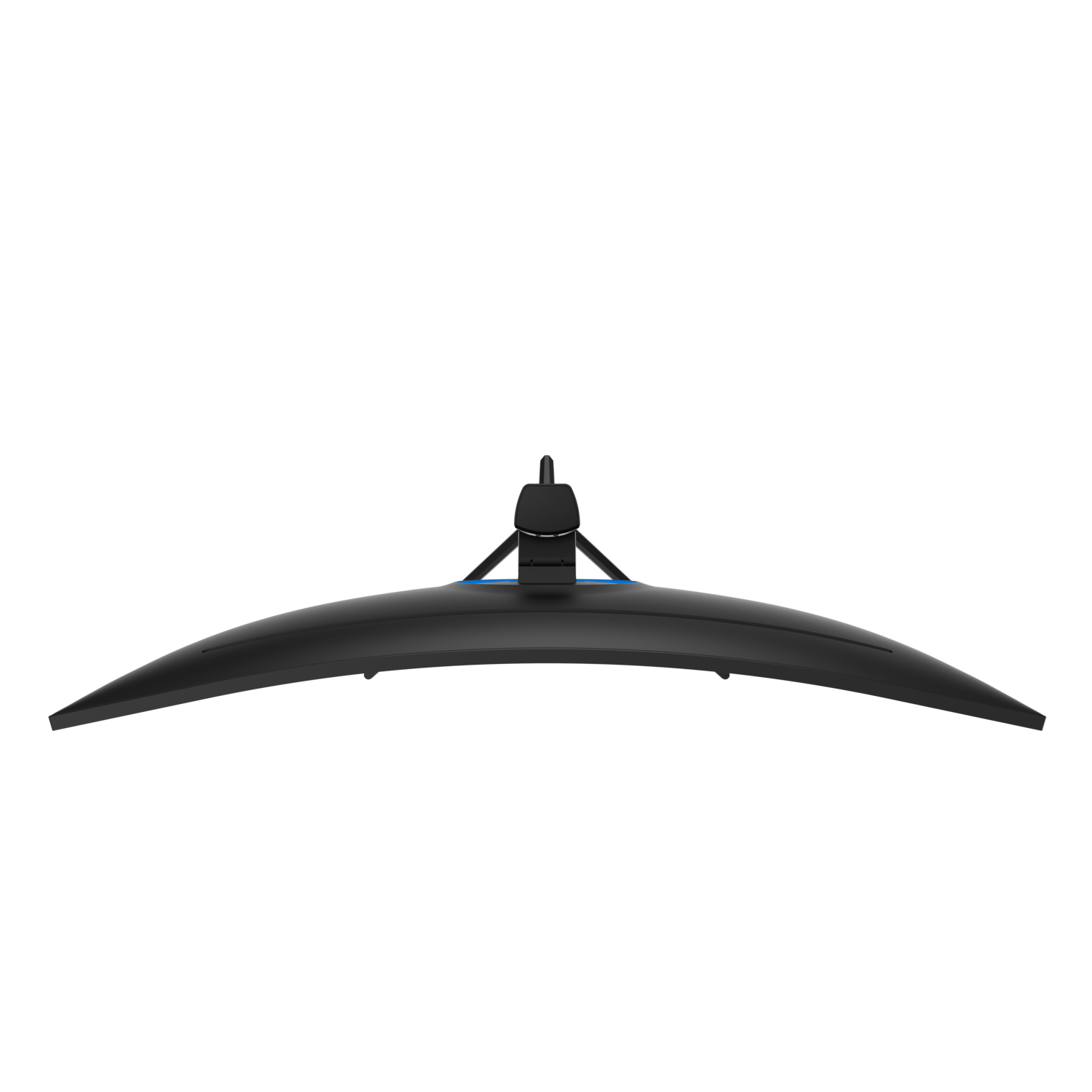 Top view of a curved black monitor with a black stand and blue accents against a black background.