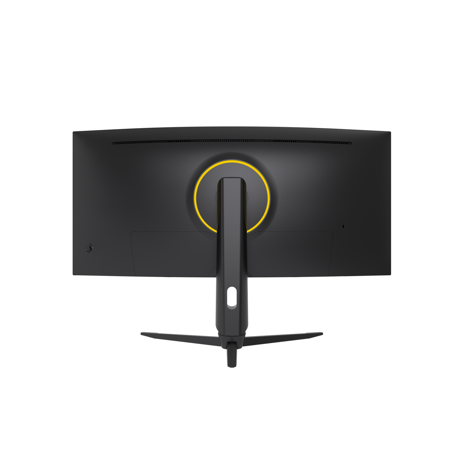 The back view of a black computer monitor with a yellow ring and stand, on a black background.