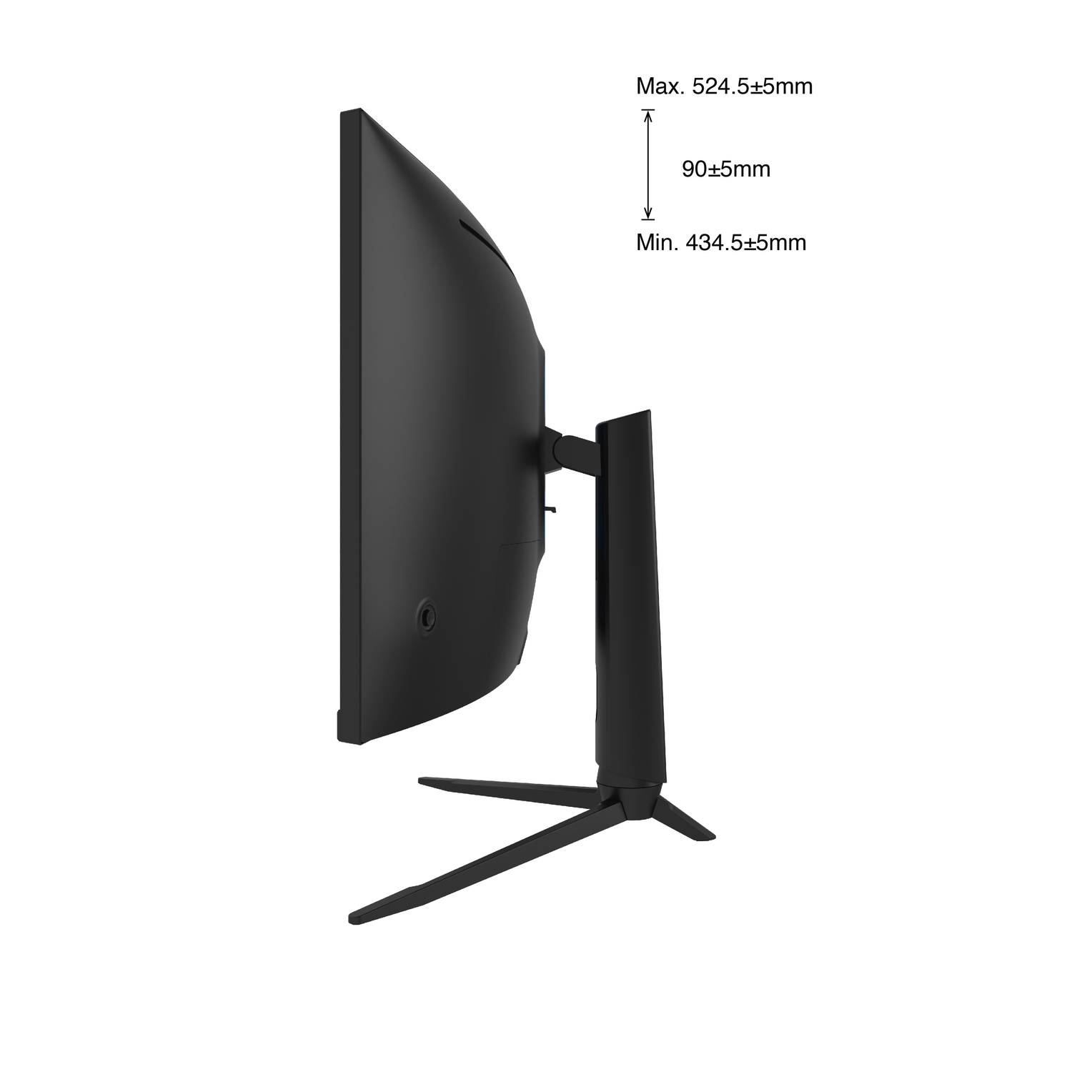 Side view of a black, curved-screen computer monitor with specs.