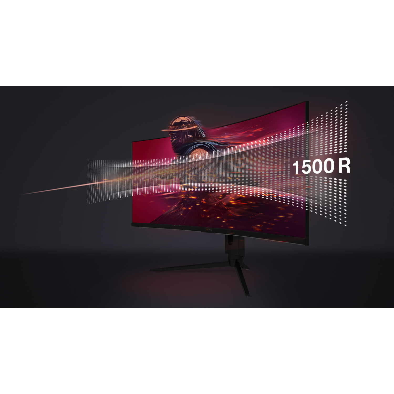 Curved monitor with a dragon logo. A flow of light and the text 1500R on the right side.