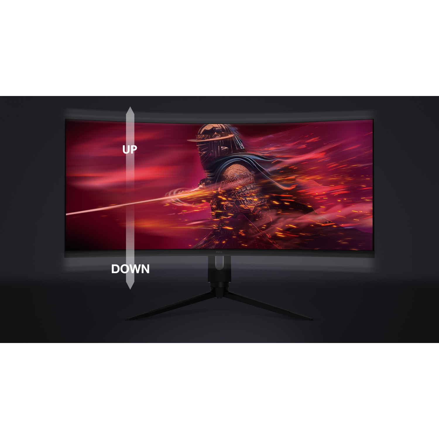 Curved gaming monitor. Game scene displayed. Arrows point up and down. Dark background.