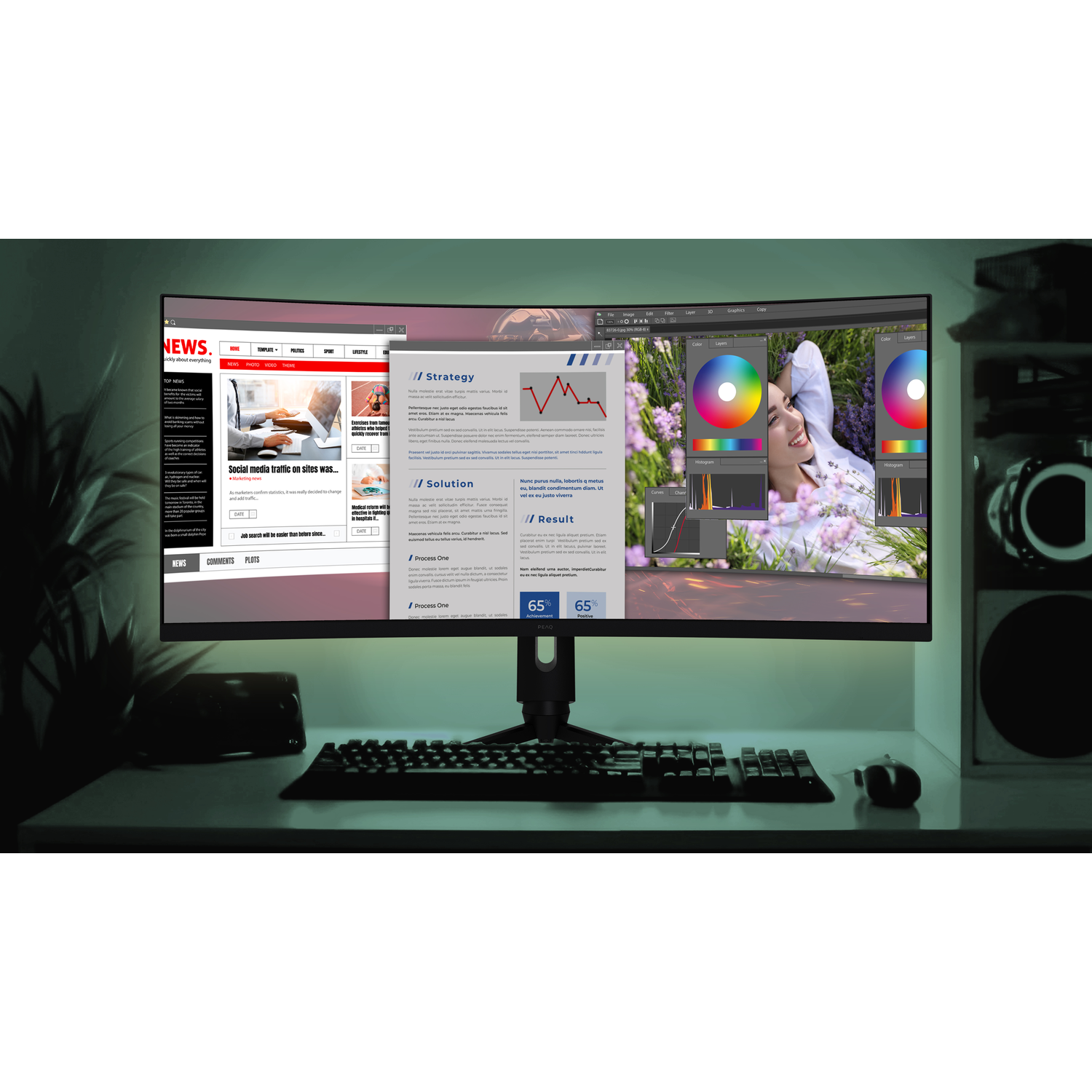 Curved computer monitor displaying a web interface, color palettes, and a photo. Keyboard below.