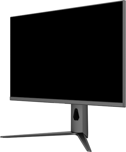 Számítógép monitor, fekete képernyő, szürke állvánnyal. A képernyő fehér háttéren van.