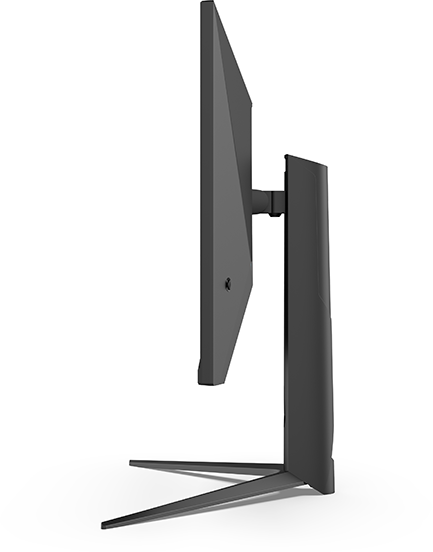 Fekete számítógép monitor oldalsó nézete állvánnyal.