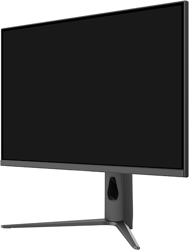 Fekete számítógép monitor állványon, oldalra döntve.