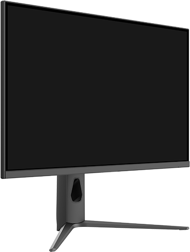 Fekete számítógép monitor állvánnyal, szögből nézve.