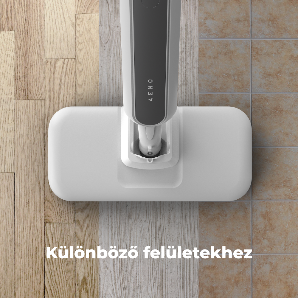 Fehér és szürke felmosófa fa- és csempézett padlón. Szöveg: Különböző felületekhez.