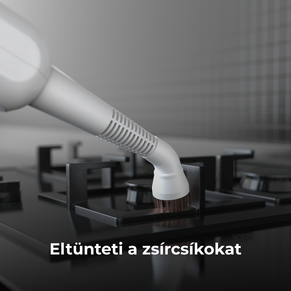Fehér tisztítóeszköz egy fekete tűzhelyet tisztít.