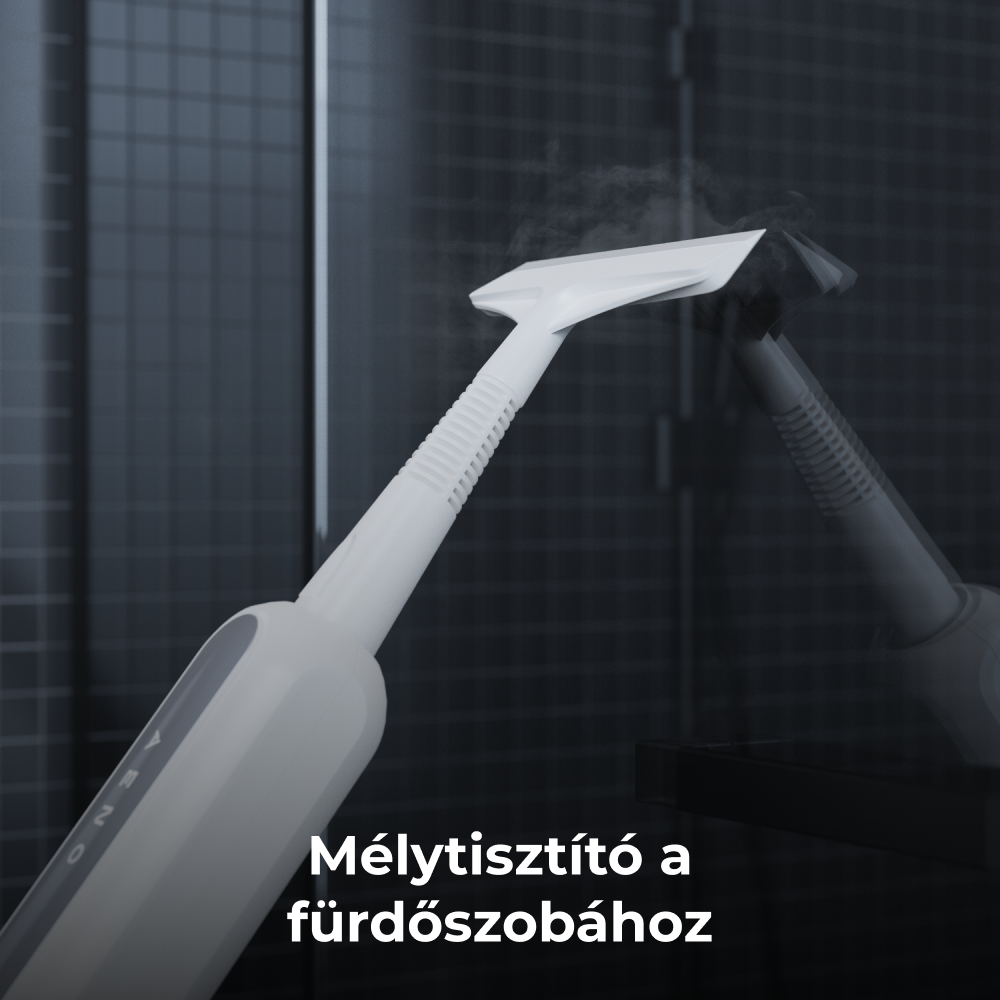 Gőz tisztító sötét felületen, üvegfelületet tisztít, magyar szöveggel.
