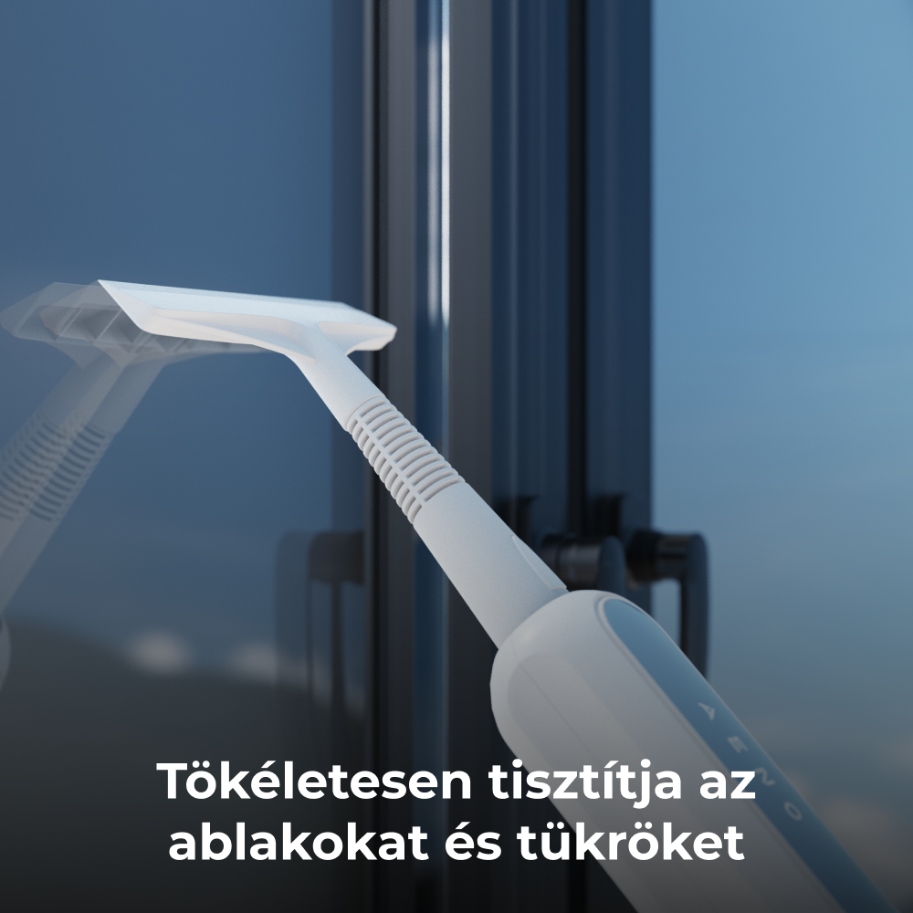 Ablaktisztító az ablakon, tükröződésekkel és kék éggel.