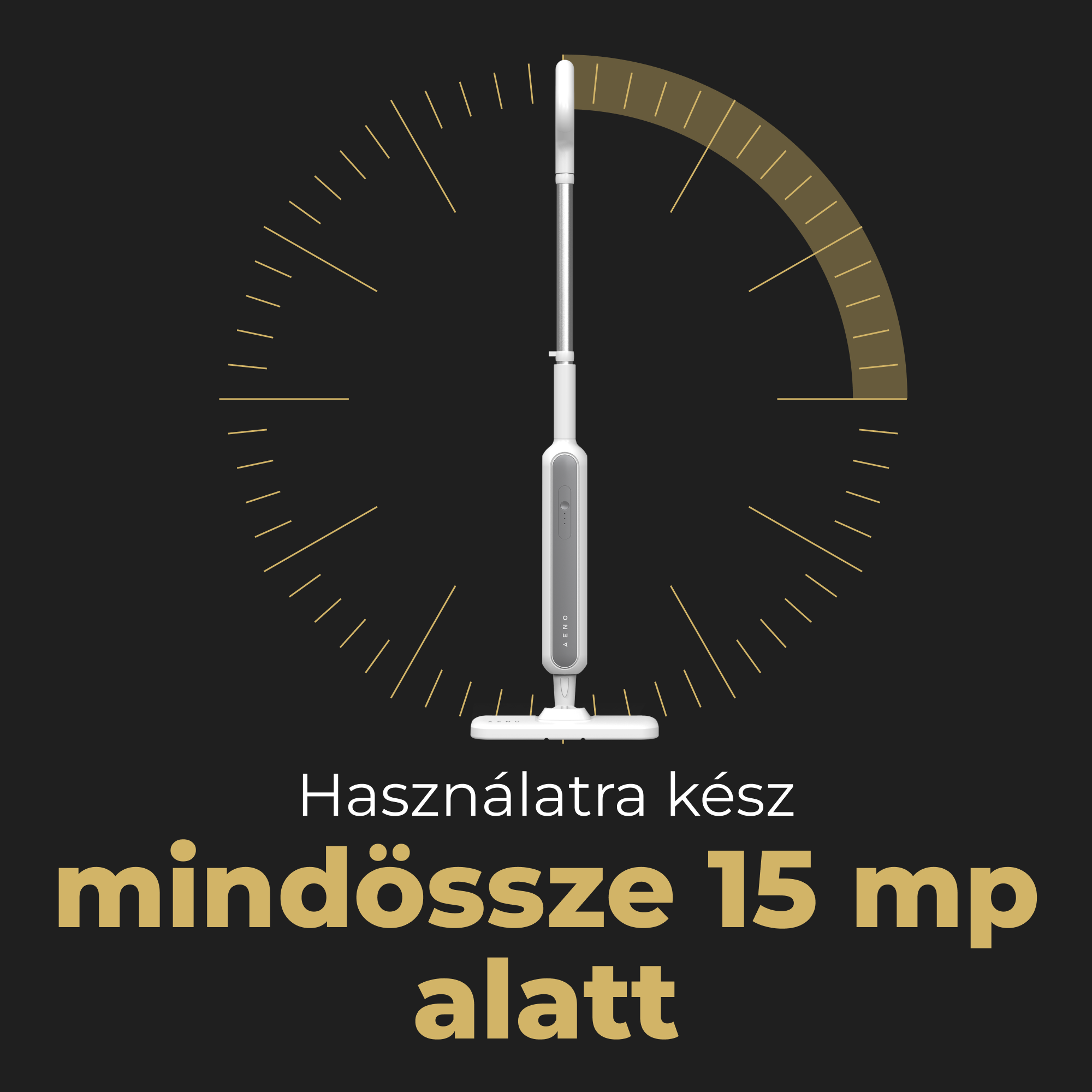 Kép egy tisztítógépről, magyar szöveggel: Kész 15 mp alatt.