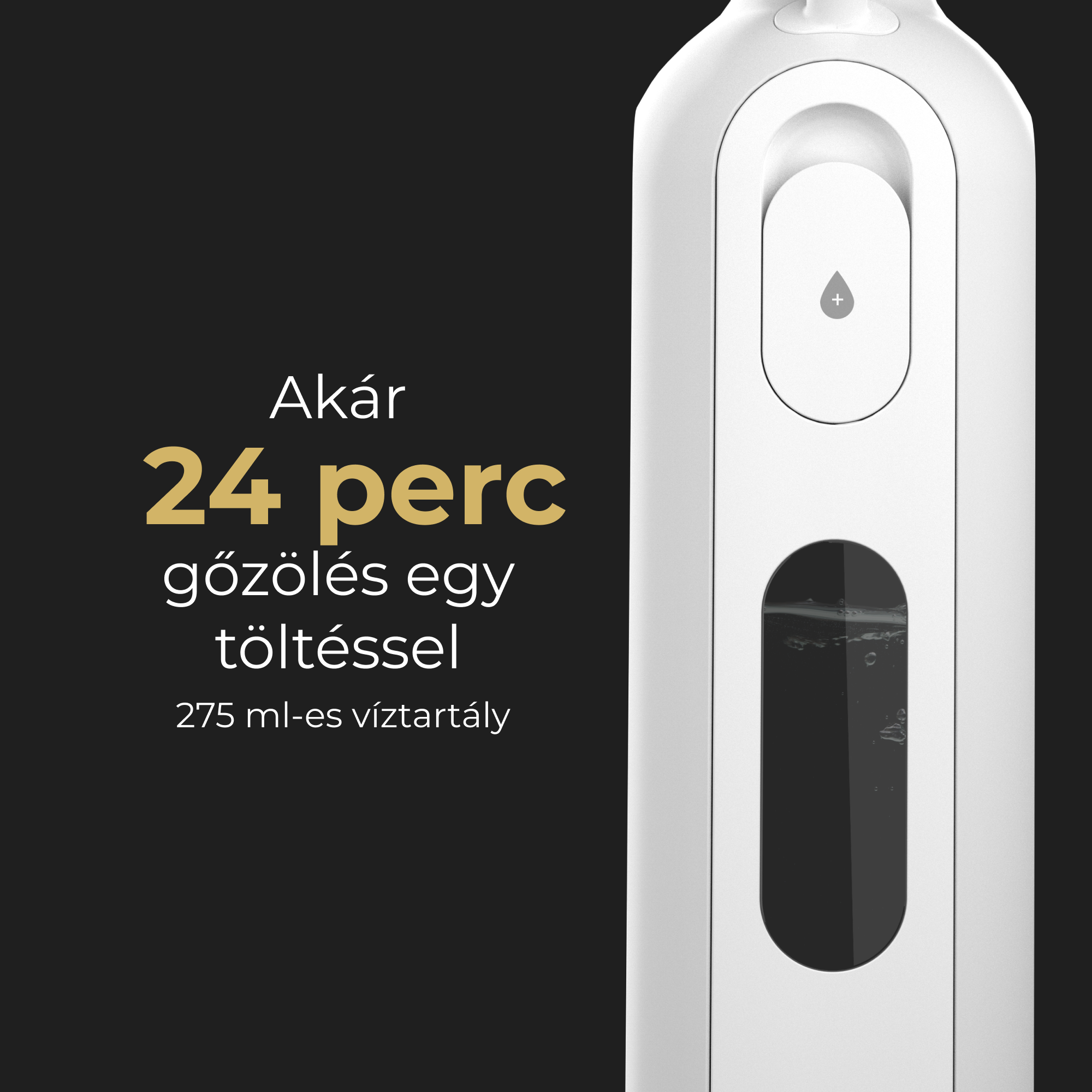 Fehér eszköz szöveggel és vízszintablakkal fekete háttéren.