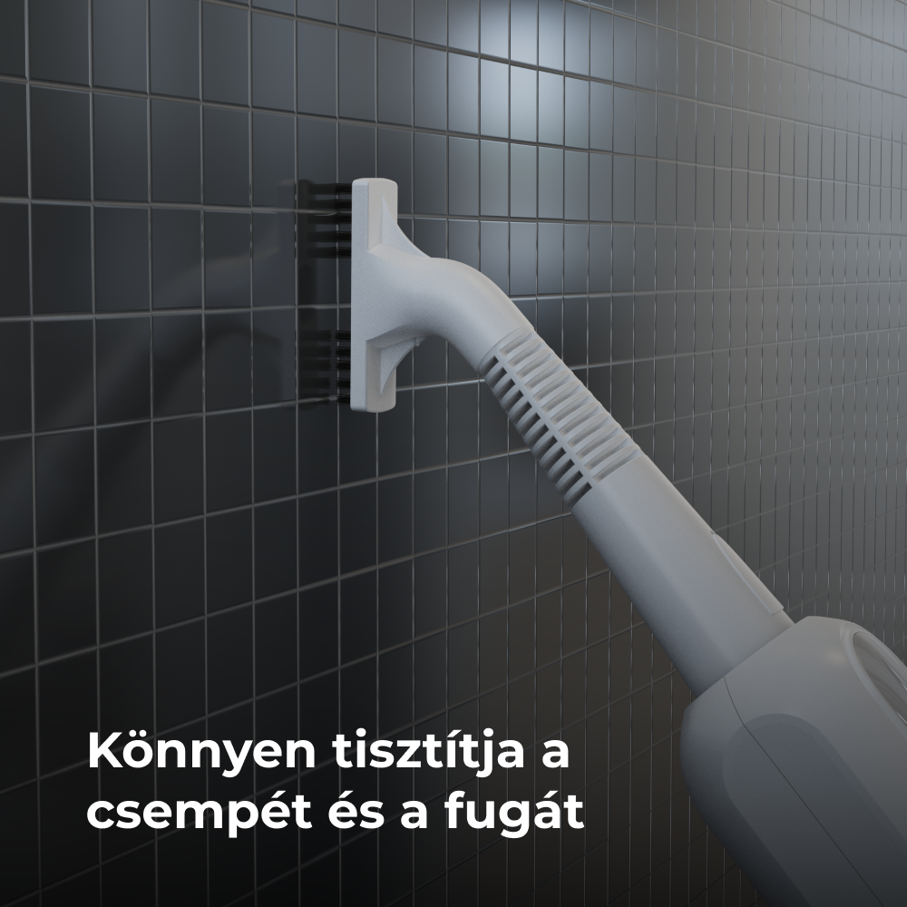 Fehér tisztítóeszköz fekete sörtékkel, fekete csempézett falat tisztít.