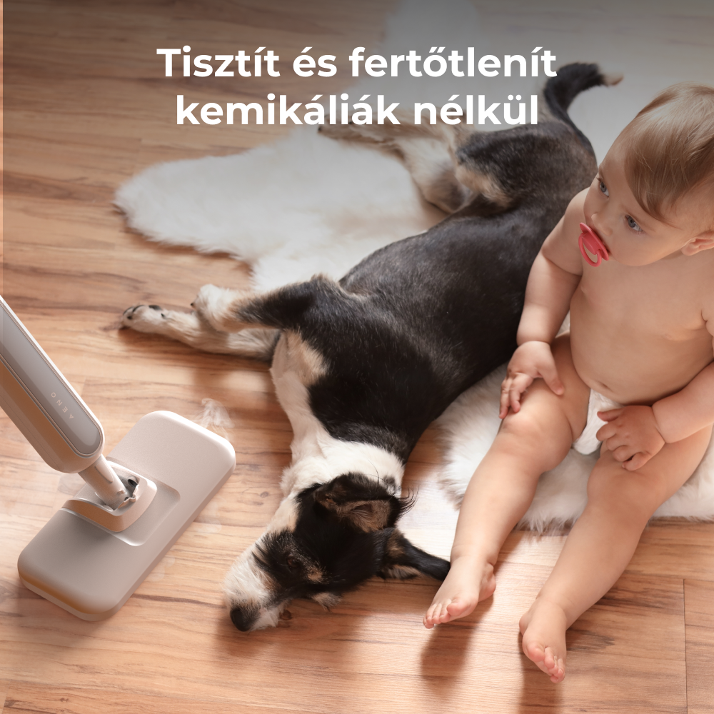 Baba és kutya fehér szőnyegen, felmosó balra. Magyar felirat: 'tisztít és fertőtlenít vegyszerek nélkül'.