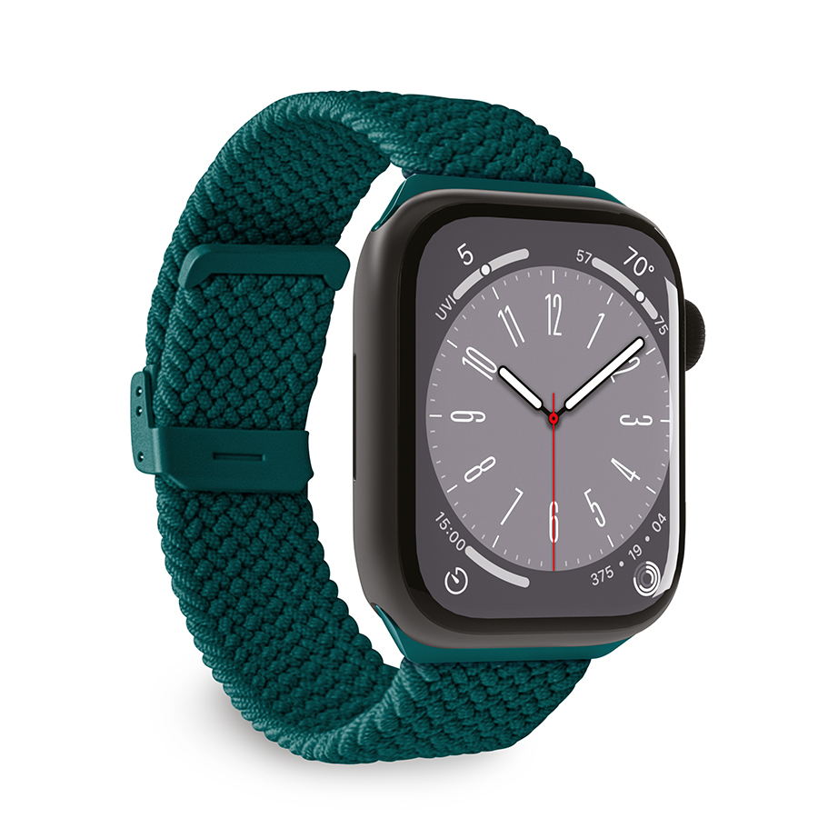 Siyah bir Apple Watch üzerinde yeşil dokuma Apple Watch kayışı, zamanı ve özellikleri gösteriyor.