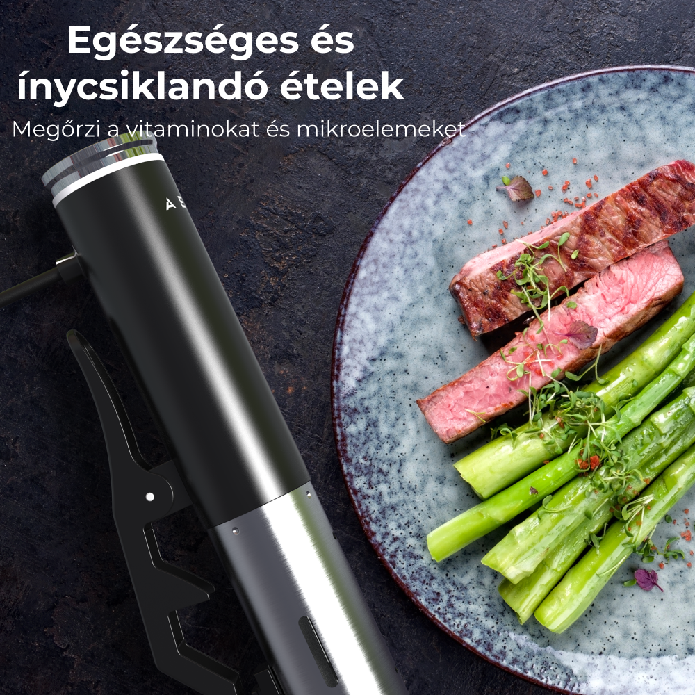 Tányér steakkel és spárgával. Fekete eszköz a tányér mellett. Egészséges ételek szövege.
