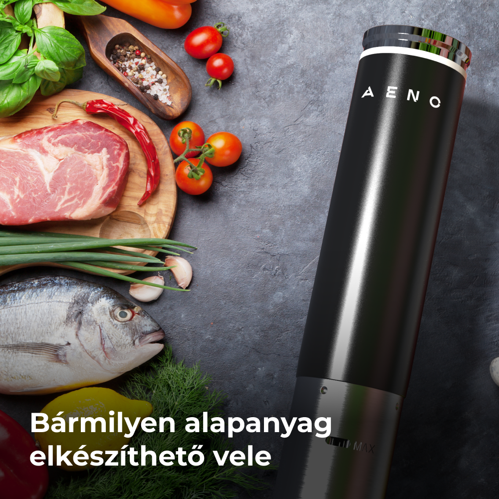 Fekete merülő cirkulátor élelmiszer-összetevők mellett sötét felületen. Szöveg: Bármilyen alapanyag elkészíthető vele.