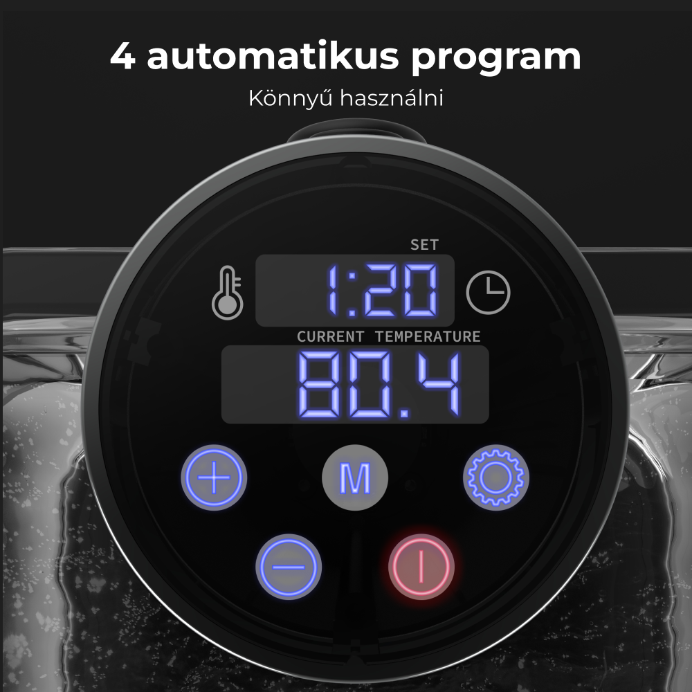 A digitális kijelző 1:20, 80,4 fokot mutat. Gombok: plusz, M, fogaskerék, mínusz és start.
