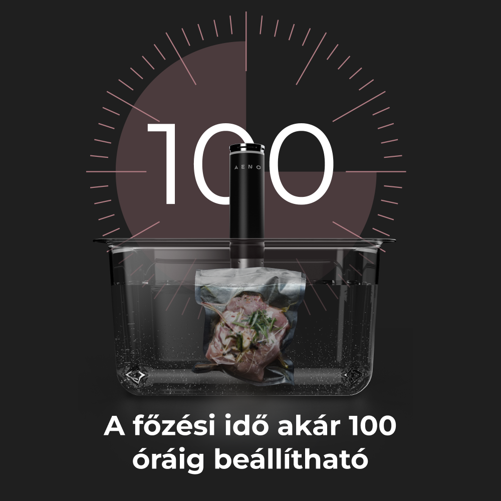 Vákuumzárt zacskó étellel vízben, 100 órás időzítővel, feketén.
