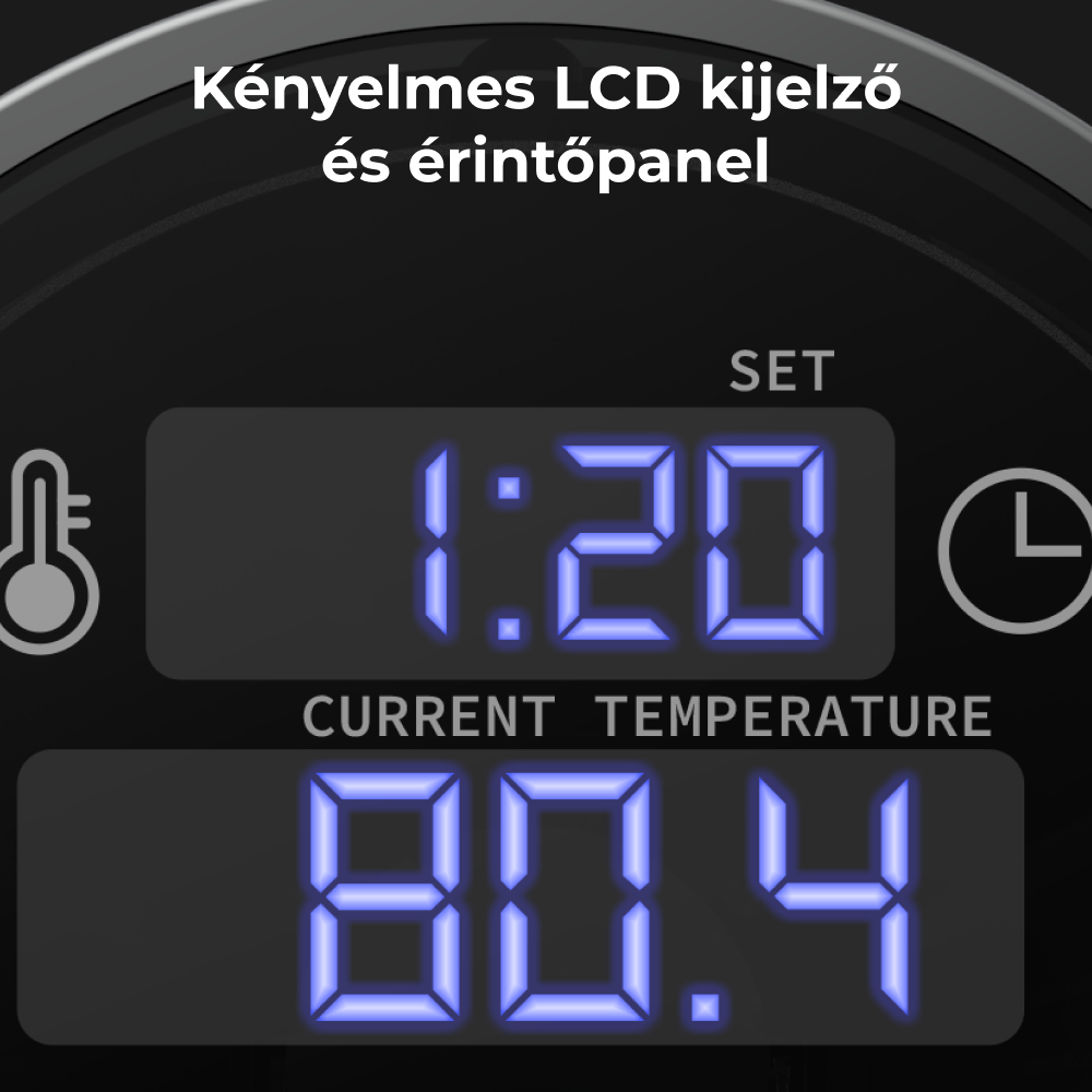 Digitális kijelző közelképe idővel és hőmérséklettel.