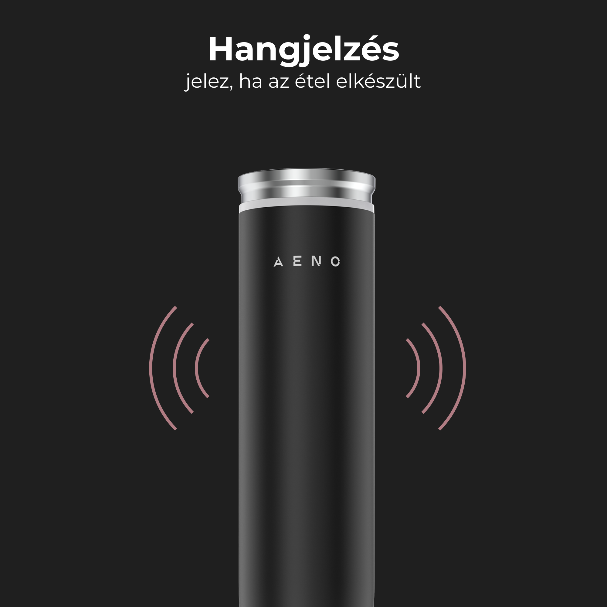 Fekete merülő cirkulátor hanghullámokkal sötét háttér előtt. Szöveg: A hang jelzi, hogy az étel elkészült.
