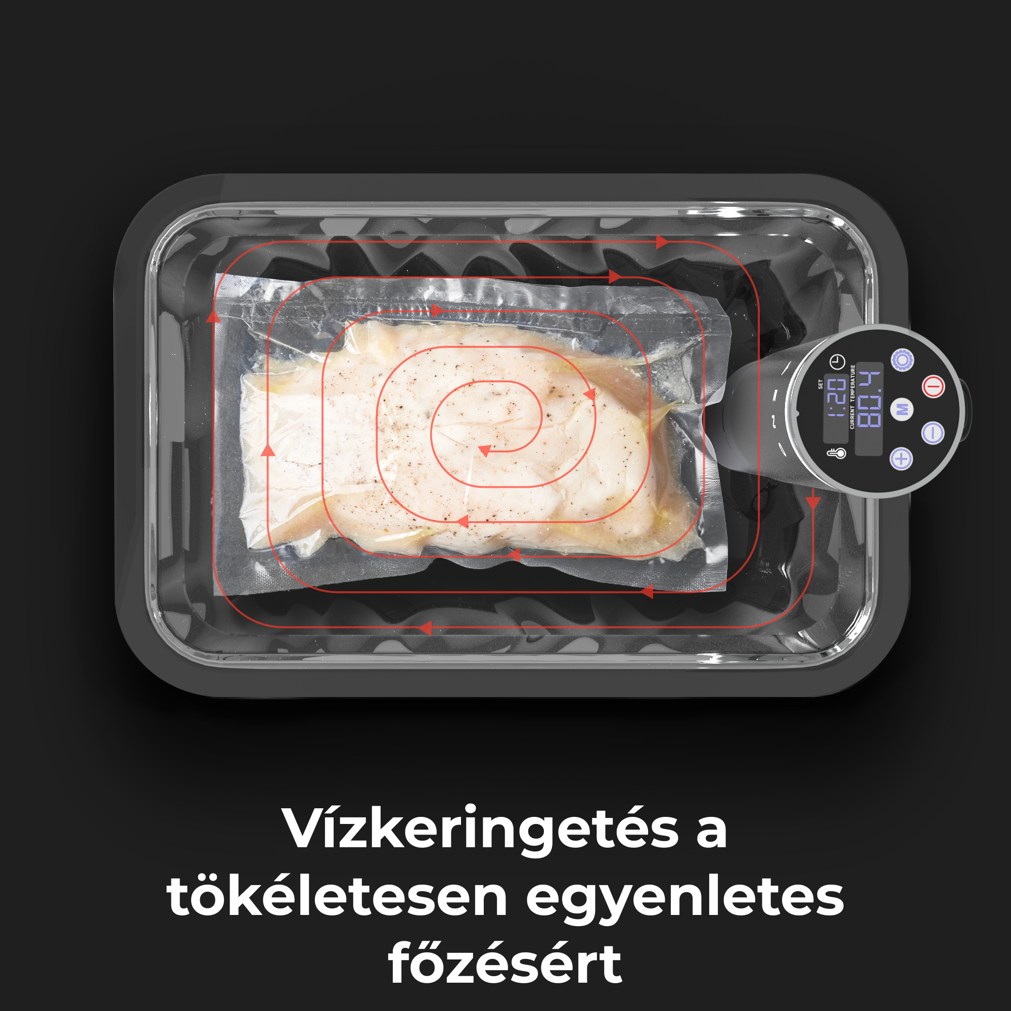 Sous vide gép használatban, egy ételt tartalmazó zacskóval.