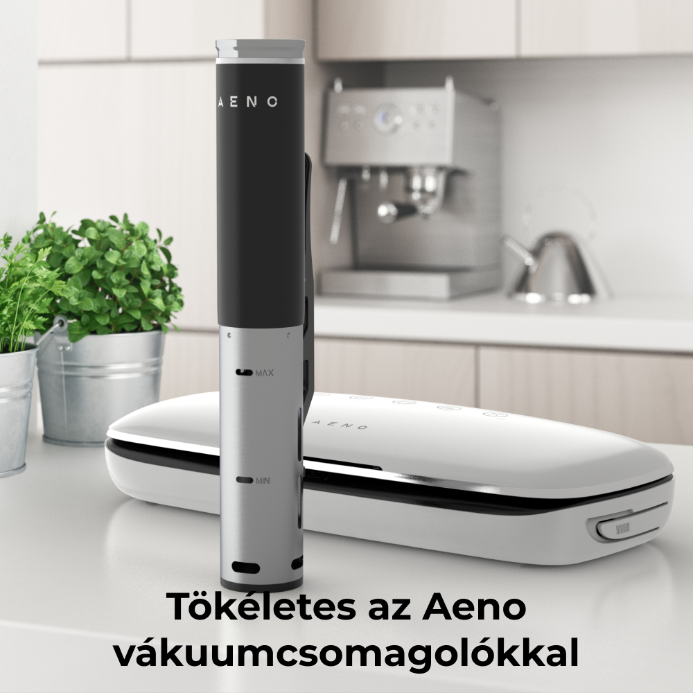 Egy AENO merülőforraló és egy fehér vákuumzáró a konyhapulton.