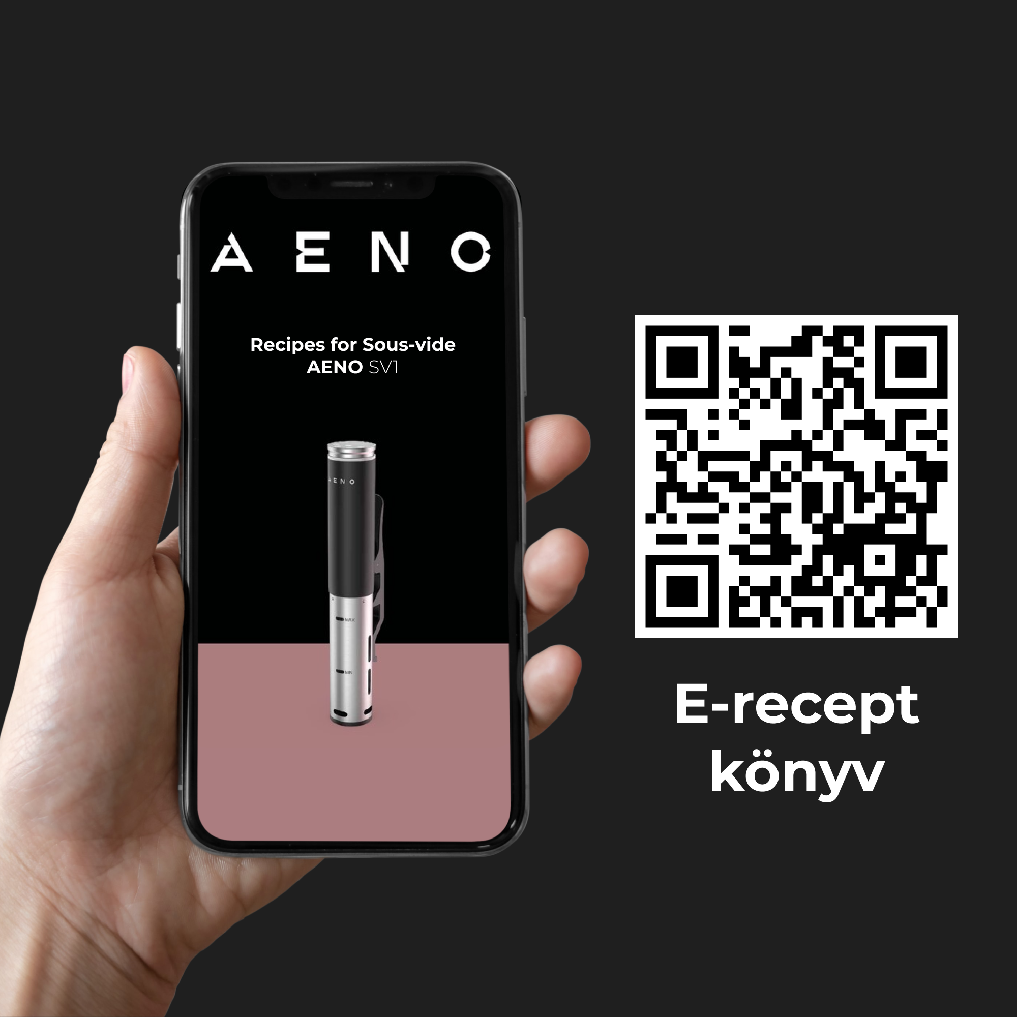 Kéz, amely egy okostelefont tart, amely egy szuvid készülék receptalkalmazását mutatja. Egy QR-kód van a telefon mellett.