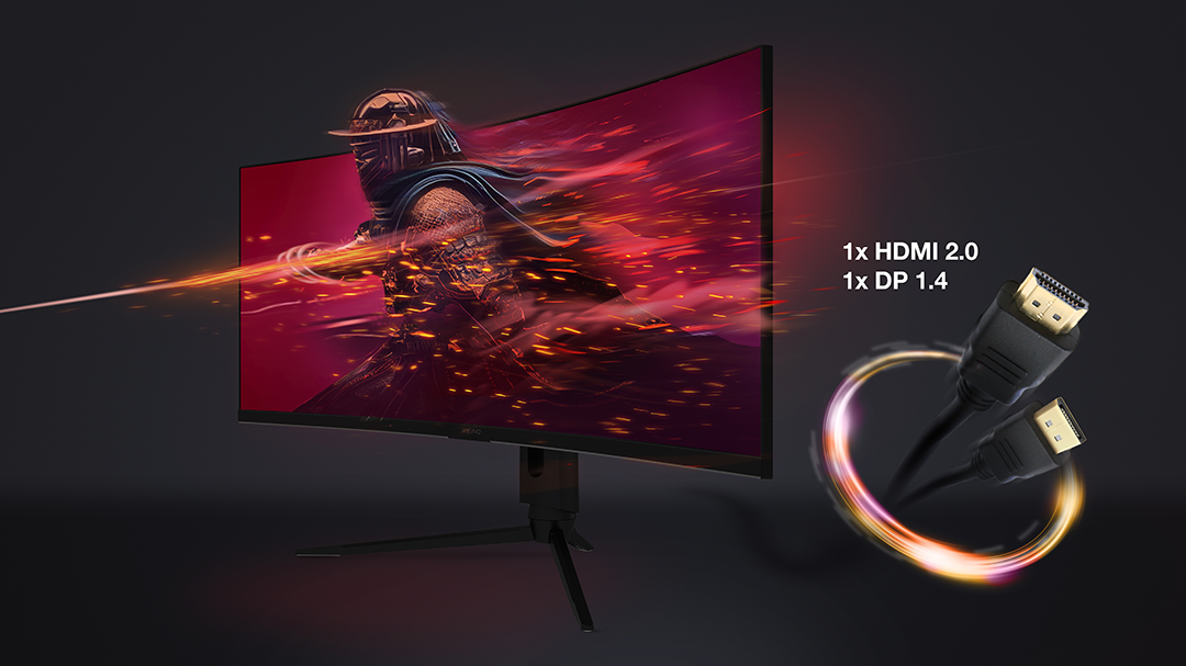Ívelt számítógép monitor egy képpel és két HDMI kábellel. Szöveg: 1x HDMI 2.0, 1x DP 1.4.